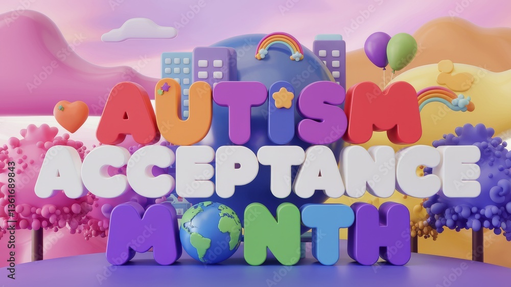 Fototapeta premium Autism Acceptance Month. Bright letters in various hues on playful landscape. Neurodiversity, inclusivity, and awareness