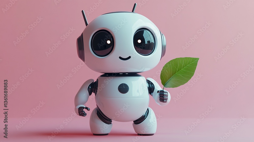 A friendly robot holding a green leaf with a pink background A friendly robot holding a green leaf with a pink background