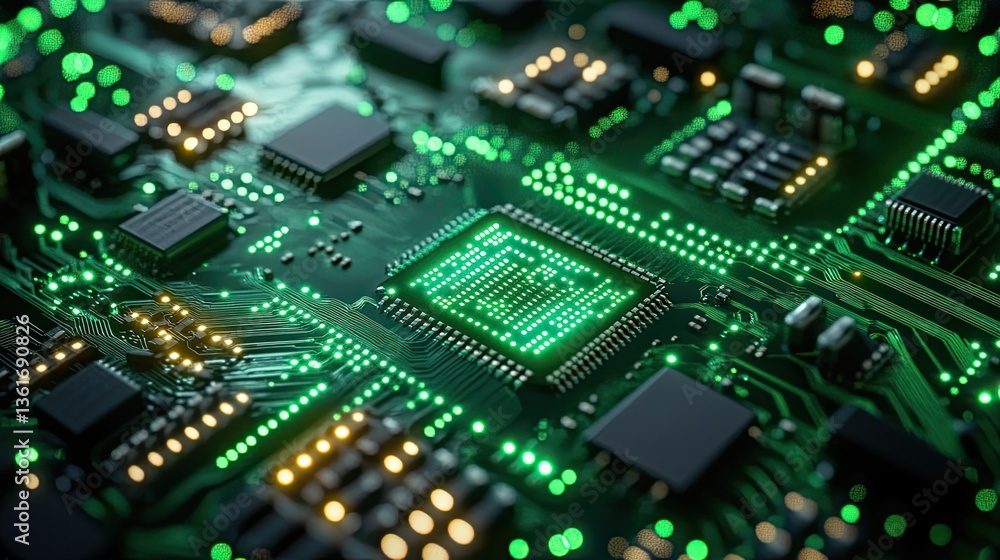 Green technology circuit board with illuminated microchips and intricate patterns. Green technology circuit board with illuminated microchips and intricate patterns.