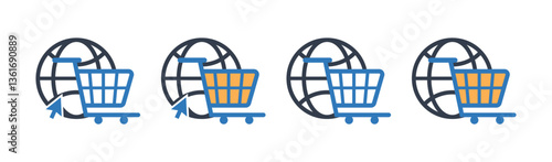 Global Shopping Icon, Worldwide Ecommerce Symbol, Online Retail Graphic, International Marketplace Logo, Internet Store Vector, Digital Trade Illustration, Web Purchase Sign, Commerce Icon Set