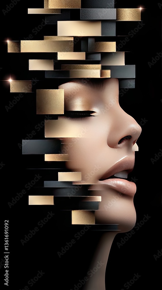 Enigmatic portrait blending realism and surrealism, featuring a woman adorned with gold, set against a contrasting textured wall Enigmatic portrait blending realism and surrealism, featuring a woman adorned with gold, set against a contrasting textured wall