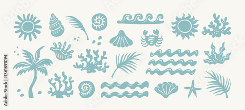 Summer boho vintage sticker set. Hand drawn palm tree, sun and sea, seashells, wave, coral, crab in naive groovy style. Tropical surf club concept, ocean, vacation and travel. Vector collage elements.