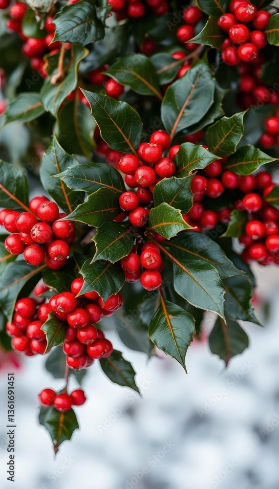 Obraz premium A vibrant winter holly branch laden with glistening red berries, shiny, photography, green