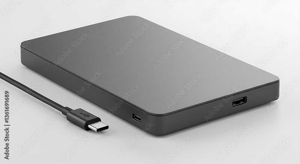 External hard drive and USB-C cable, arranged neatly on a white background External hard drive and USB-C cable, arranged neatly on a white background