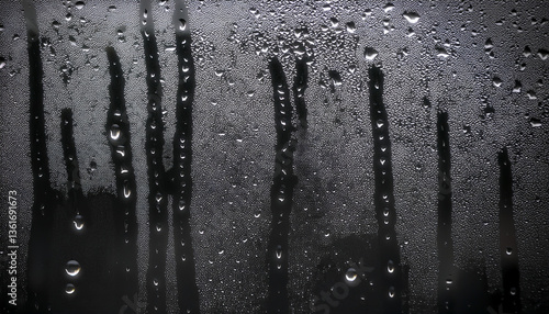 6月・梅雨　雨の降る風景　雨粒の水滴がついた窓ガラス越し　湿気で曇る表面　季節・湿度・天気の背景