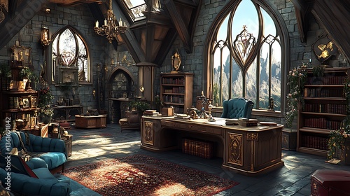 Luxurious medieval study with mountain view.
