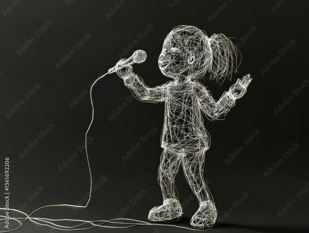 abstract little girl child figure singing with microphone on isolated black background abstract little girl child figure singing with microphone on isolated black background