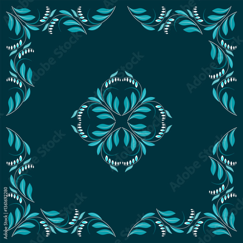 Wild flowers square pattern in antique style. Bright shades of sea blue colors. Square monochrome floral kaleidoscope design element. Dark vector mosaic tile background