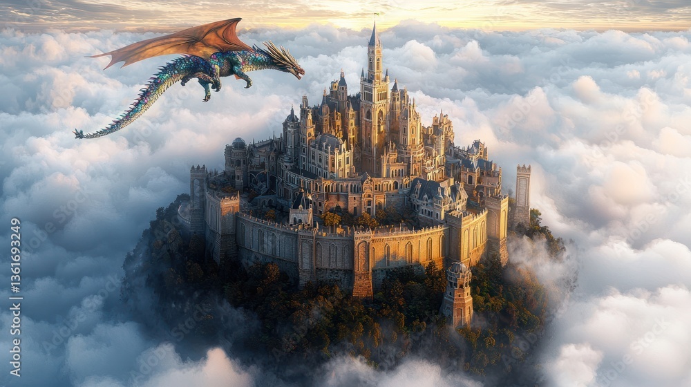 Fototapeta premium Floating castle, dragon soaring