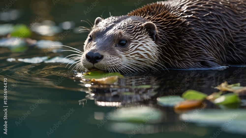 Fototapeta premium A close-up of an otter swimming with leaves on the water's surface.
