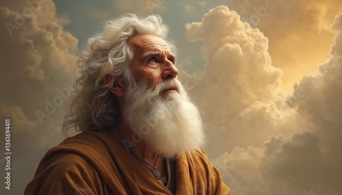 Portrait of Abraham, biblical patriarch, looks heavenward. Image depicts faith, devotion, hope, trust in god, old testament figure. Portrait against sky with clouds conveys spirituality and worship.