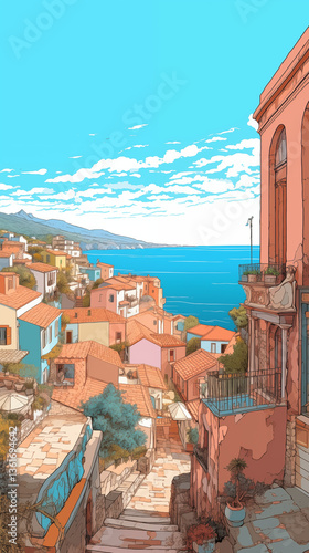 Illustrated view of an Italian coastal village,  typical Mediterranean seaside landscape