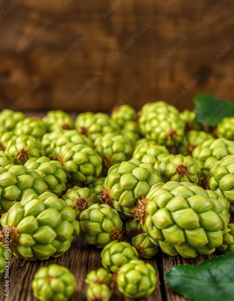 Fototapeta premium Fresh green hop cones scattered on rustic wooden table, wet, countryside