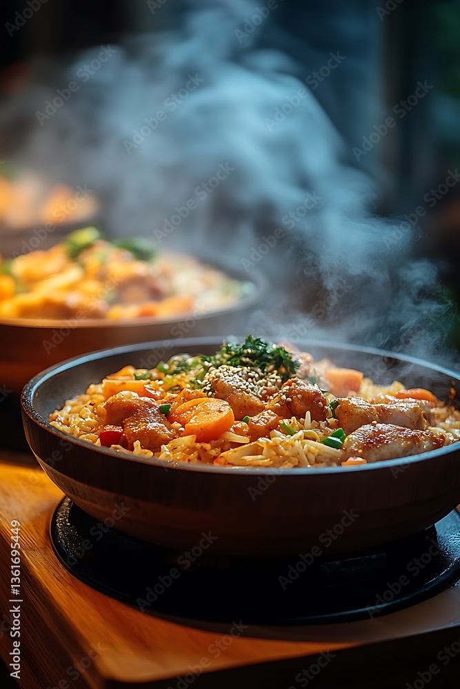 Delicious chicken and rice dish served in a dark bowl Delicious chicken and rice dish served in a dark bowl