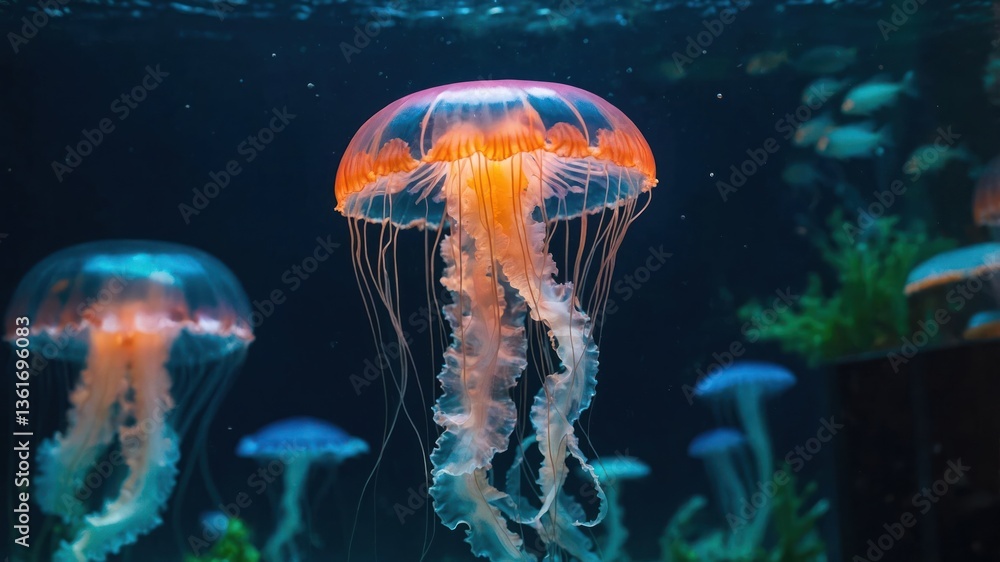 Obraz premium A mesmerizing underwater scene featuring glowing jellyfish in a serene aquarium setting.