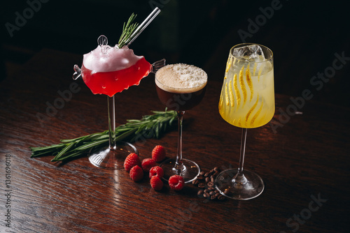 Different beautiful cocktails in warm colors 