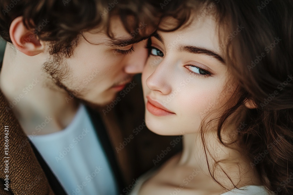 Portrait of a beautiful young romantic couple in love looking at each other. Portrait of a beautiful young romantic couple in love looking at each other.