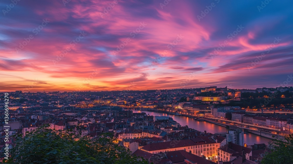 Obraz premium Vibrant sunset over cityscape with river and illuminated buildings.
