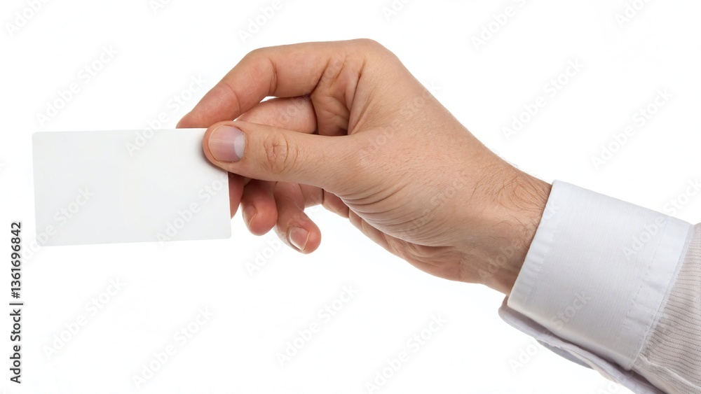 Obraz premium mans Hand holding a blank card in a neutral setting