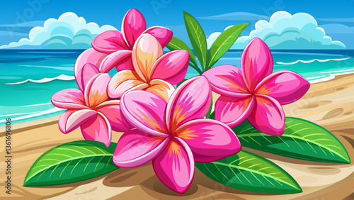 A cluster of vibrant pink plumeria flowers resting on sandy beach, with a soothing blurred ocean backdrop and palm leaves.