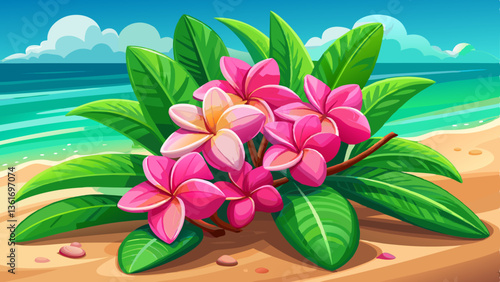 A cluster of vibrant pink plumeria flowers resting on sandy beach, with a soothing blurred ocean backdrop and palm leaves.