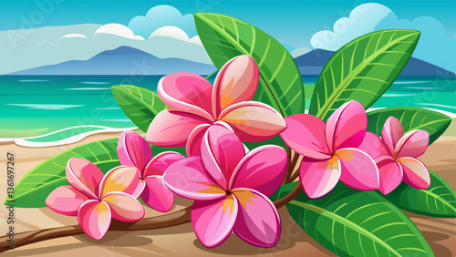 A cluster of vibrant pink plumeria flowers resting on sandy beach, with a soothing blurred ocean backdrop and palm leaves.