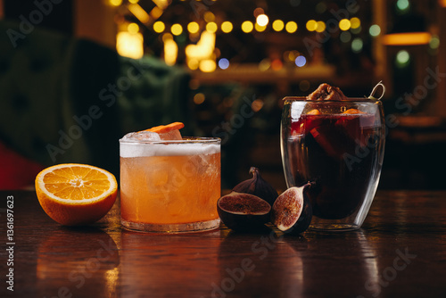 Different beautiful cocktails in warm colors 
