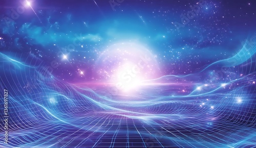 A retro synthwave background with a glowing purple sun and blue grid landscape