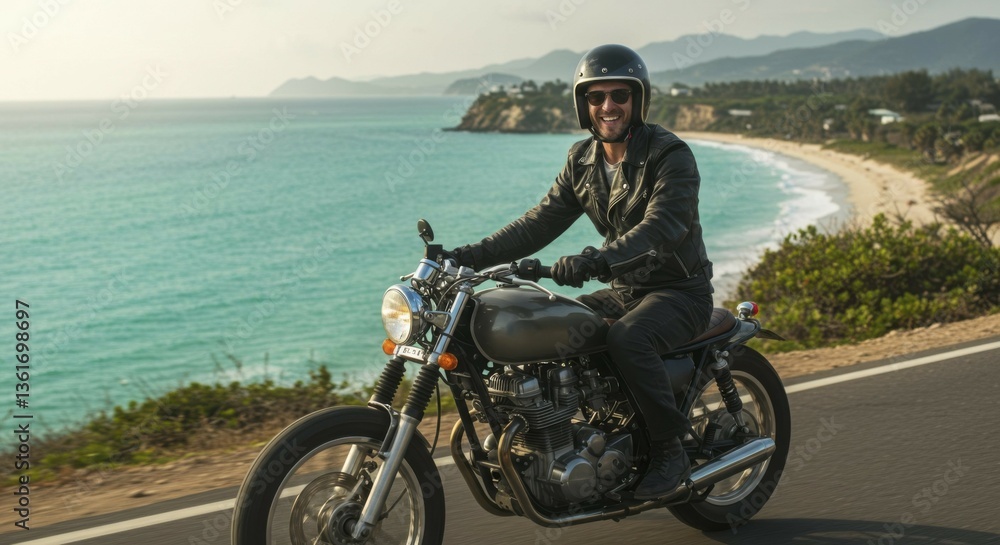 Obraz premium Man riding motorcycle by ocean