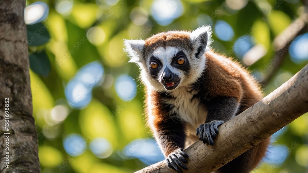 Fototapeta premium A close-up of a lemur perched on a branch, surrounded by vibrant green foliage.