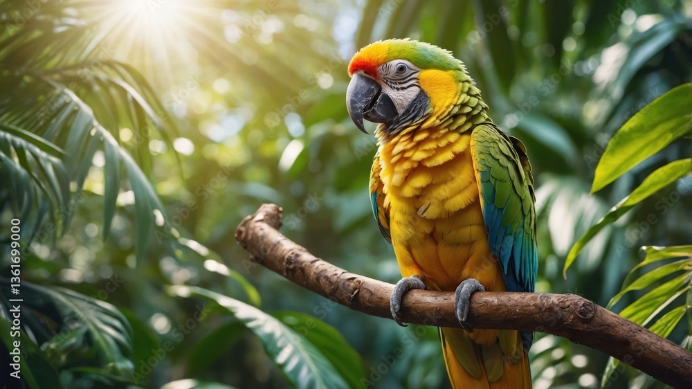 Obraz premium A colorful parrot perched on a branch amidst lush greenery, illuminated by sunlight.