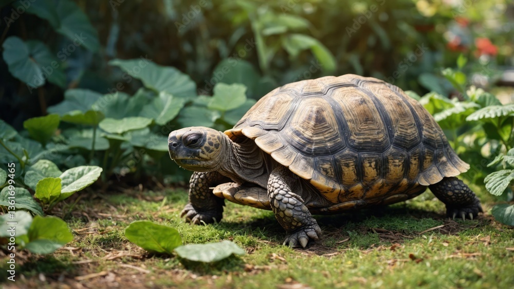 Obraz premium A tortoise walking among lush green plants in a natural setting.
