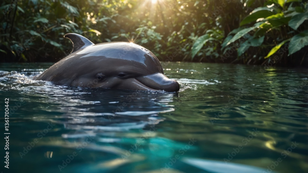Obraz premium A dolphin swimming in a serene, lush environment with sunlight filtering through the trees.