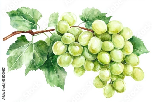 Green Grape Watercolor Isolated on White Background