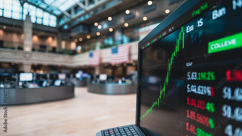 Obraz premium Market Insights: A captivating shot of a computer screen displaying a live stock market graph, set against the backdrop of a bustling trading floor.