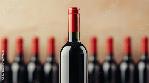 A front-facing red wine bottle in sharp focus, with blurred bottles in the background. Product showcase concept. Advertising photography.