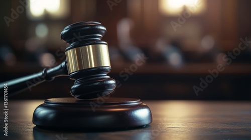 Courthouse scene with a close-up of a judge’s gavel. Featuring judgment and authority