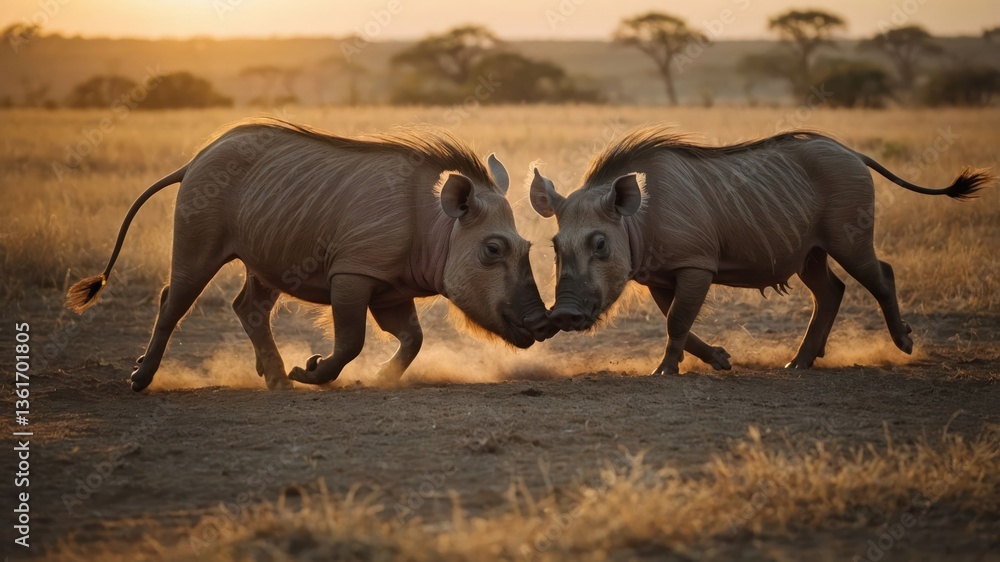 Fototapeta premium Two warthogs playfully spar in a golden sunset on a savanna.