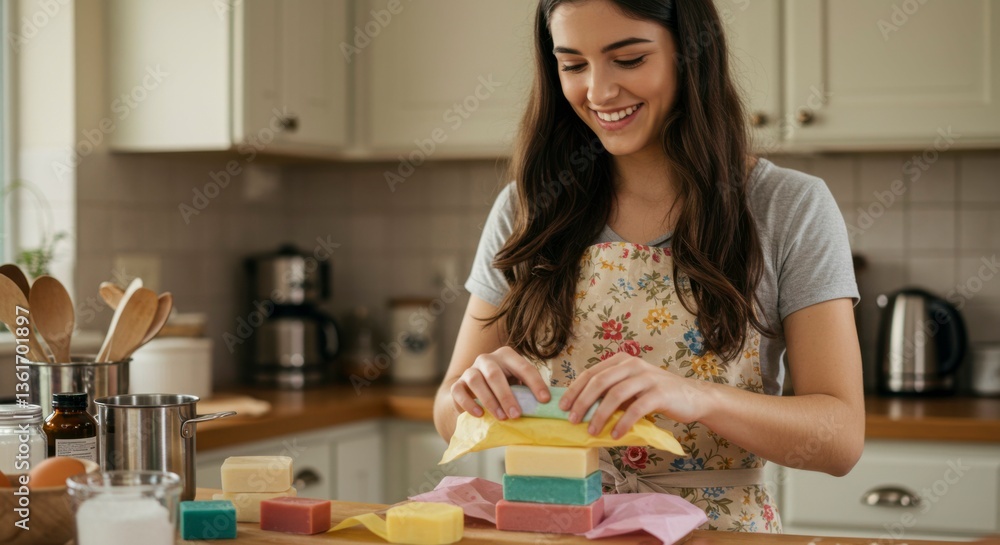 Woman arranging colorful handmade soaps Woman arranging colorful handmade soaps