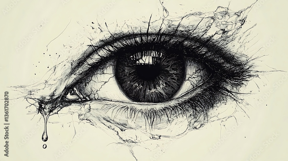 Fototapeta premium An eye with a tear in an abstract ink style.