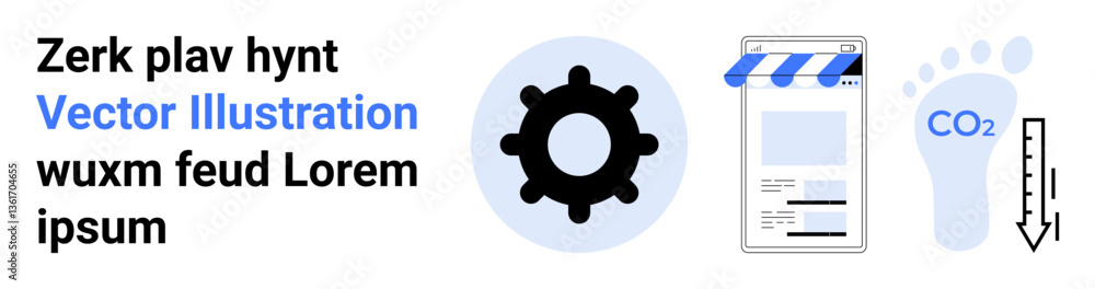 Gear, online store interface, carbon footprint icon, and CO2 arrow highlight tech innovation, ecommerce, environmental impact, ecological balance, sustainability, green energy simple landing page Gear, online store interface, carbon footprint icon, and CO2 arrow highlight tech innovation, ecommerce, environmental impact, ecological balance, sustainability, green energy simple landing page