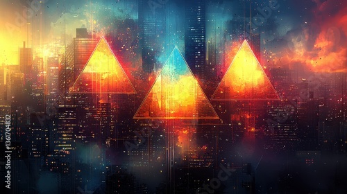 A dynamic vector backdrop features three vibrant triangles, a gradient of electric blue transitioning to fiery orange at their apex, creating a sense of energy and movement perfect for presentations 