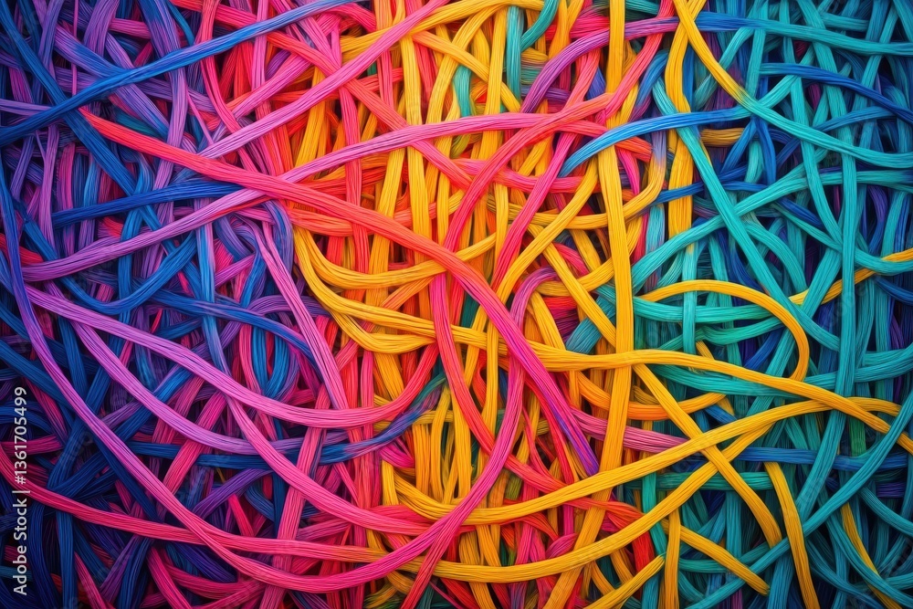 Tangled colorful strings create a chaotic and vibrant, abstract pattern. Use for projects needing playful energy, creativity, or organized chaos. Tangled colorful strings create a chaotic and vibrant, abstract pattern. Use for projects needing playful energy, creativity, or organized chaos.