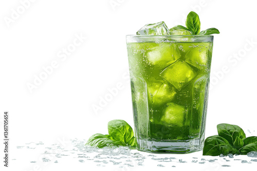 Refreshing Basil Lime Soda, A Vibrant Summer Drink, Perfectly Chilled With Ice Cubes And Garnished With Fresh Basil Leaves, Creating A Bright And Zesty Image Isolated on Transparent Background