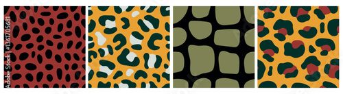 Animal skin seamless pattern set. Leopard print, giraffe, spots, scales. Vector illustration for background, fabric, wallpaper, bed linen, fashion, paper, cover