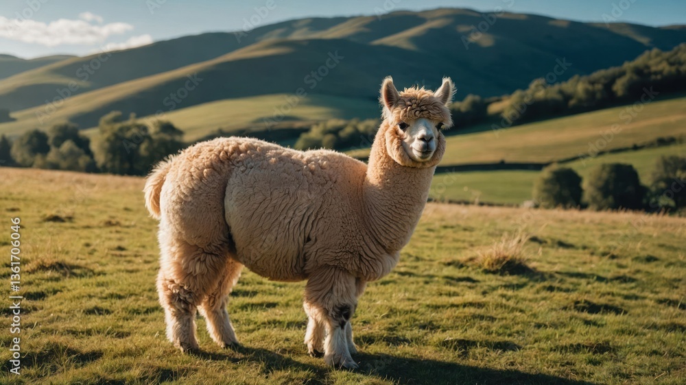 Fototapeta premium A fluffy alpaca stands in a green field with rolling hills in the background.