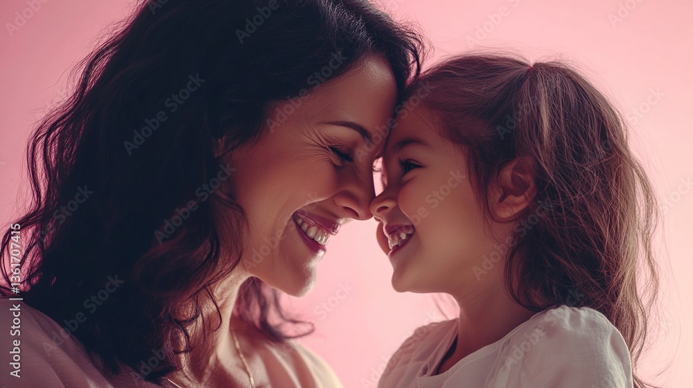 Happy mother's day, mom and her young girl, smiling together, pink background, generative ai Happy mother's day, mom and her young girl, smiling together, pink background, generative ai
