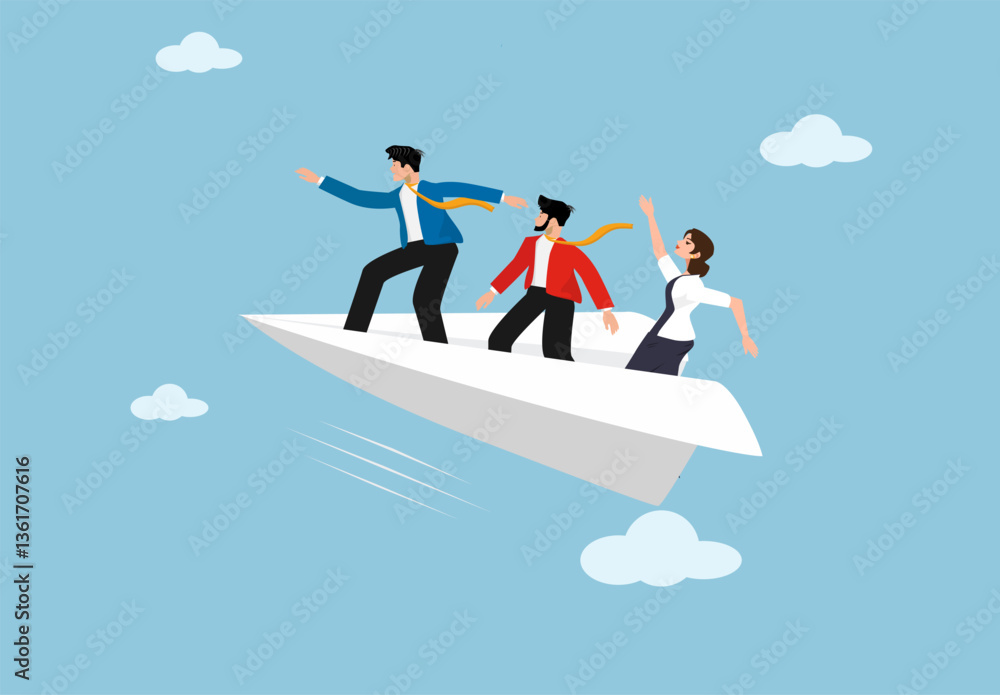 Obraz premium Business Teamwork Success Concept. Team of Business People Flying on Paper Airplane Towards Success, Leadership, Goal Achievement, and Vision for the Future.