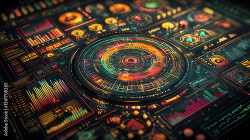 Wallpaper Mural Futuristic infographic design with vibrant data visualizations, circular interface, and glowing analytics for business Torontodigital.ca