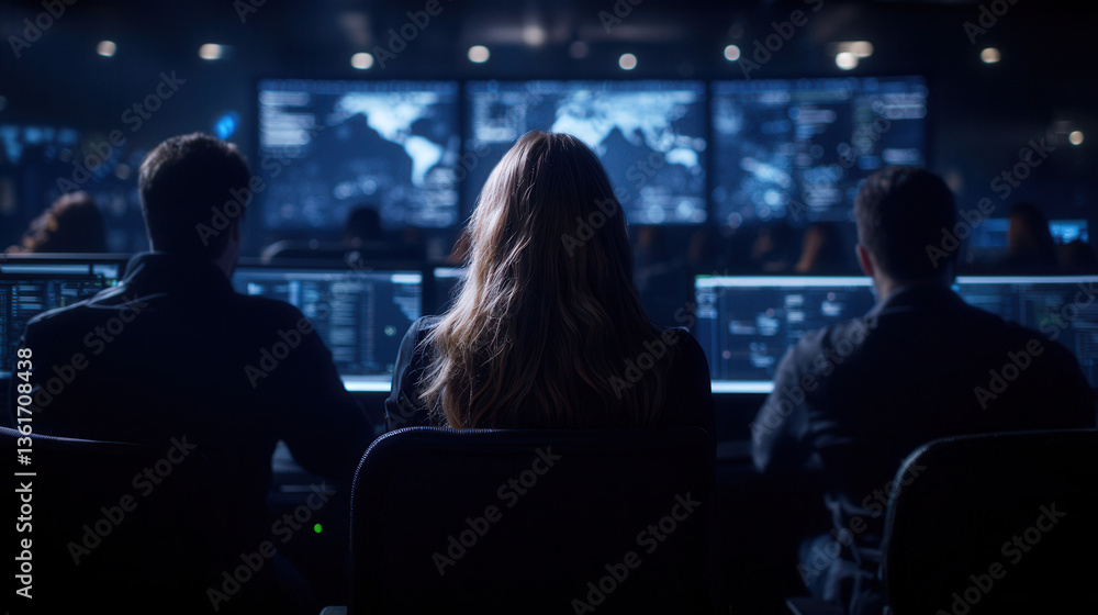 Obraz premium team of professionals monitors multiple screens in high tech control room, analyzing data and strategizing solutions